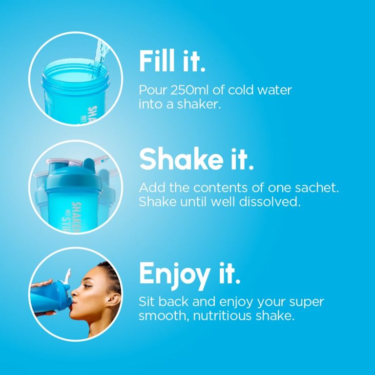 Three steps for mixing a Shake That Weight sachet with cold water: fill the shaker, shake it, enjoy it