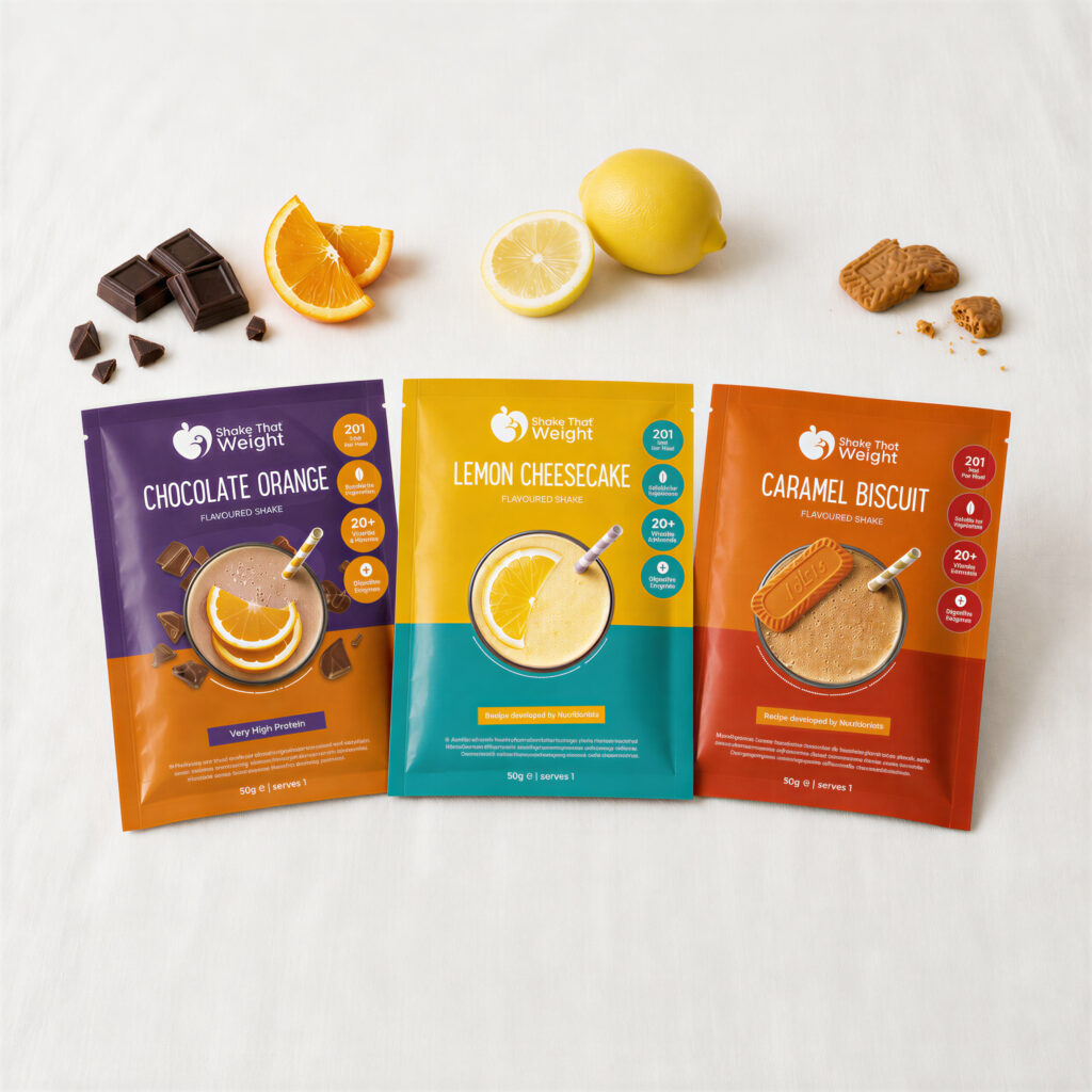 Caramel biscuit, lemon cheesecake and chocolate orange shake sachets laid out with biscuits, lemon, chocolate and orange