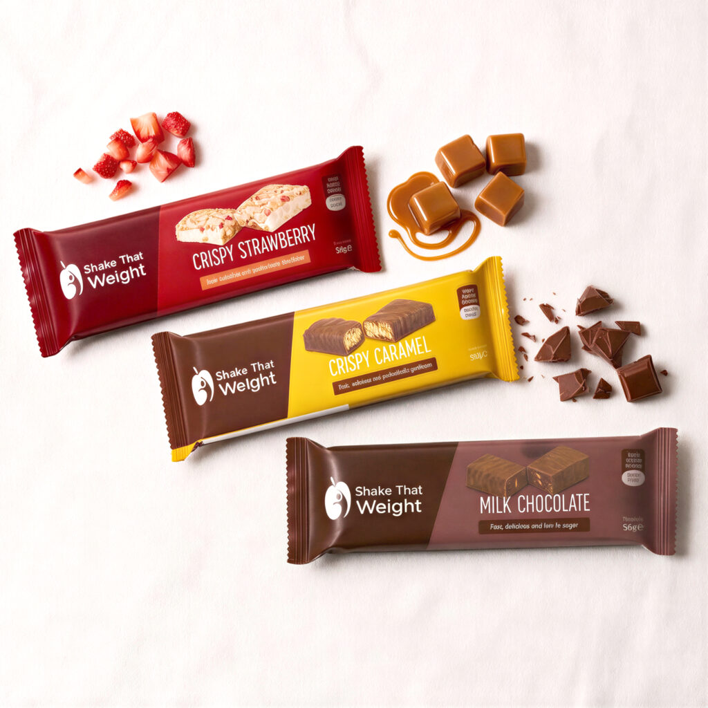 Crispy strawberry, crispy caramel and milk chocolate meal bars laid out with strawberries, caramels and chocolate