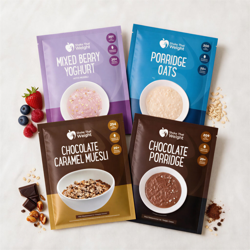 Mixed berry yoghurt with muesli, porridge oats, chocolate caramel muesli and chocolate porridge sachets laid out with berries, oats, chocolate and cocoa
