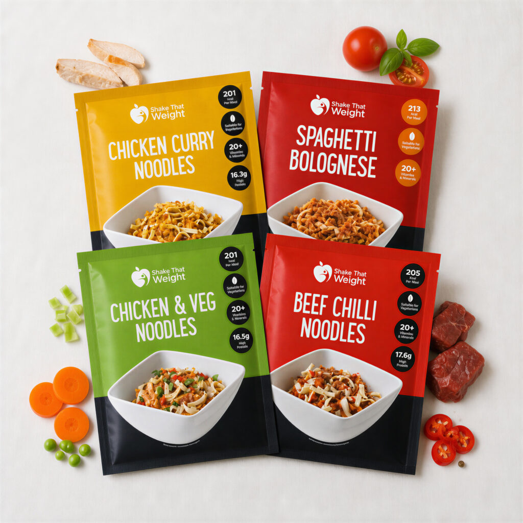 Chicken curry noodles, spaghetti bolognese, chicken and vegetable noodles and beef chilli noodles sachets laid out with tomato, basil, carrot, peas and chilli